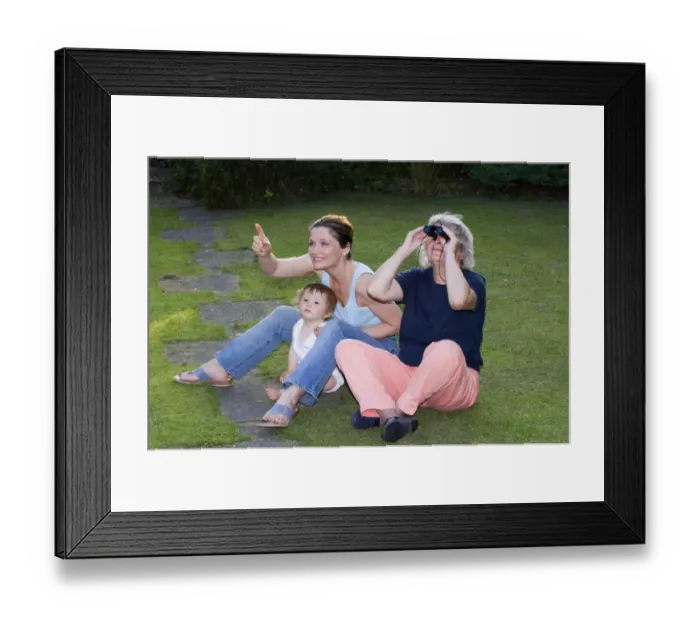 Framed Print : Three generations birdwatching in garden Kent UK summer Framed Print : Three generations birdwatching in garden Kent UK summer