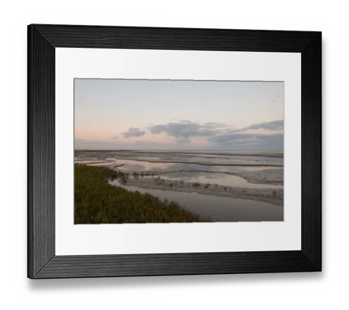 Framed Print : Saltmarsh and tidal mudflats of The Wash viewed on a full moon just prior to sunrise
