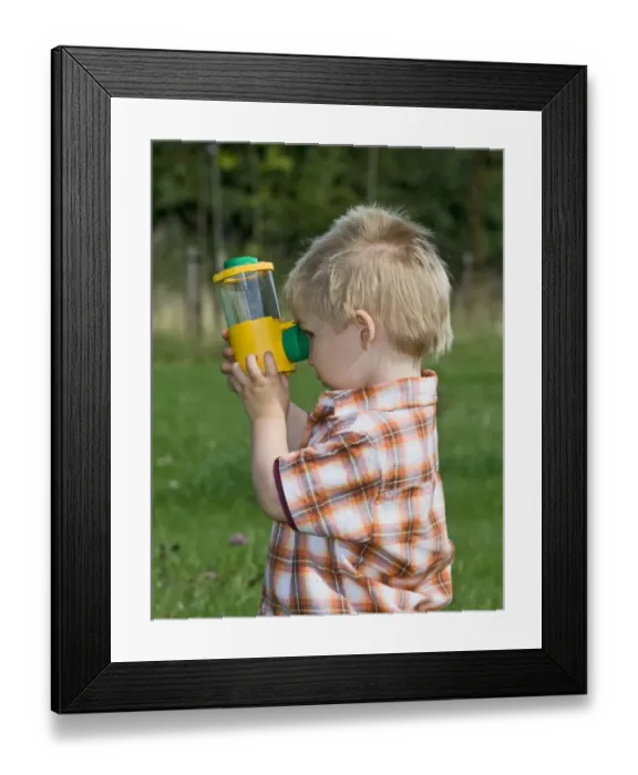 Framed Print : Toddler looking at insect in viewing tube Kent summer Framed Print : Toddler looking at insect in viewing tube Kent summer