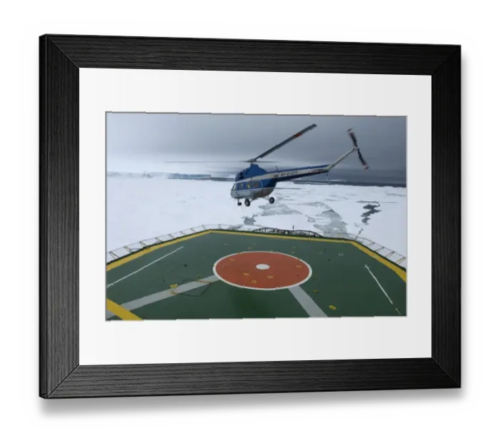 Framed Print : Helicopter taking off with tourists from heli-deck of ice-breaker on route to Snow Framed Print : Helicopter taking off with tourists from heli-deck of ice-breaker on route to Snow