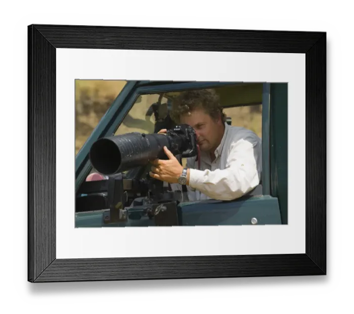 Framed Print : Wildlife photographer David Tipling photographing with a telephoto lens from safari Framed Print : Wildlife photographer David Tipling photographing with a telephoto lens from safari