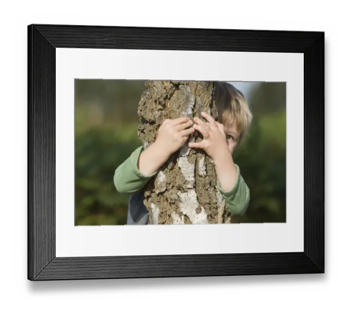Framed Print : Toddler playing peek a boo behind tree Framed Print : Toddler playing peek a boo behind tree