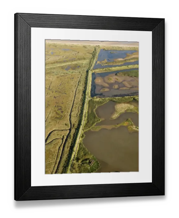Framed Print : Aerial view of saltmarsh and lagoons at Titchwell RSPB Reserve North Norfolk autumn Framed Print : Aerial view of saltmarsh and lagoons at Titchwell RSPB Reserve North Norfolk autumn