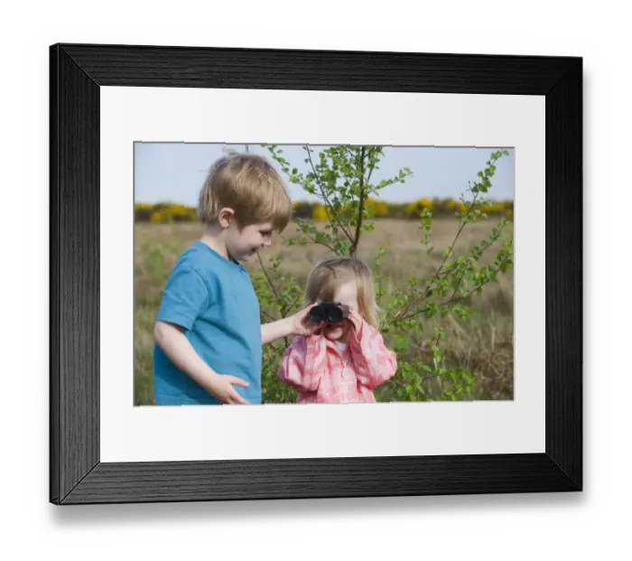 Framed Print : Toddlers (3 Yr old boy and 2yr old girl) bird watching on heath Norfolk April Framed Print : Toddlers (3 Yr old boy and 2yr old girl) bird watching on heath Norfolk April