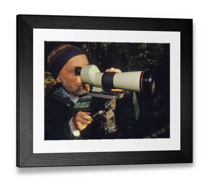 Framed Print : Birder looking through scope Kent