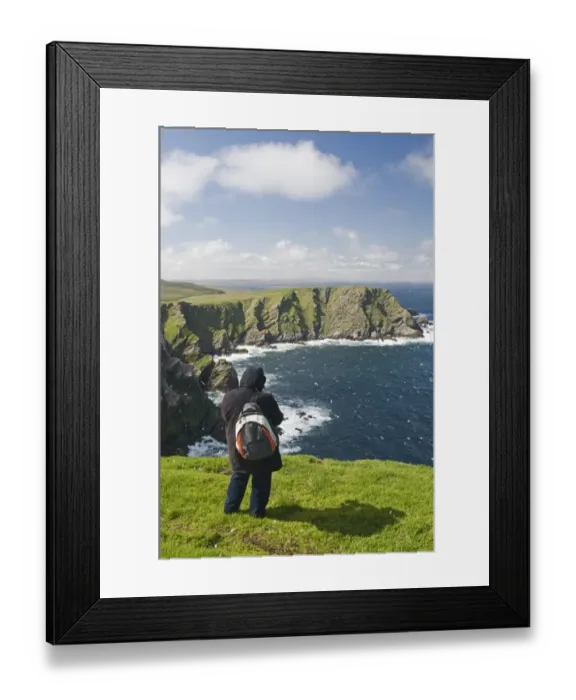 Framed Print : walker looking out across sea cliffs at Hermaness NNR on Unst Shetland June Framed Print : walker looking out across sea cliffs at Hermaness NNR on Unst Shetland June
