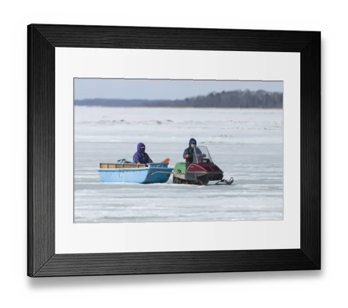 Framed Print : Ice fishermen on frozen Lake Fuhren Hokkaido Japan winter Framed Print : Ice fishermen on frozen Lake Fuhren Hokkaido Japan winter