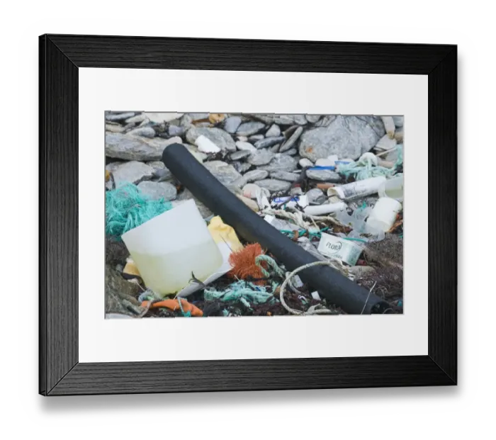 Framed Print : Rubbish washed up from sea on beach in Shetland Framed Print : Rubbish washed up from sea on beach in Shetland
