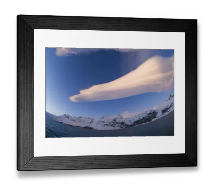 Framed Print : Mountains bordering Gold Harbour and Lenticular cloud South Georgia November