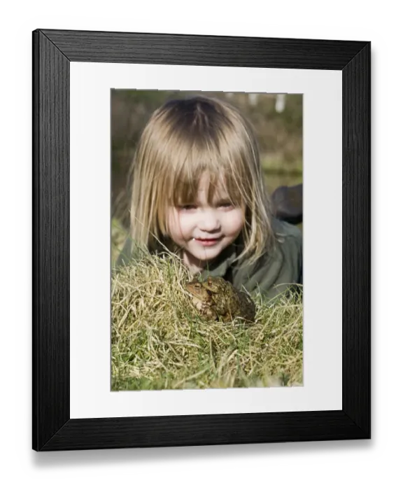 Framed Print : Young girl looking at Common Toads Bufo bufo Norfolk April Framed Print : Young girl looking at Common Toads Bufo bufo Norfolk April