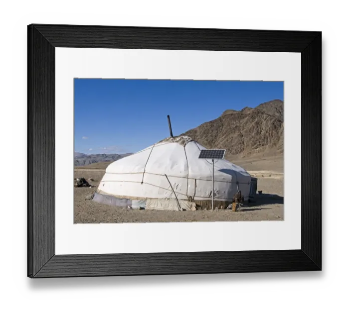 Framed Print : Nomads Ger with Golden Eagle and Solar Panel outside near Bayan-Uglii in Altai Mountains Framed Print : Nomads Ger with Golden Eagle and Solar Panel outside near Bayan-Uglii in Altai Mountains
