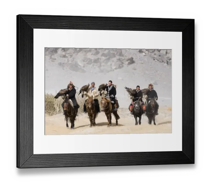 Framed Print : Kazakh eagle hunters with Golden Eagles on way to the Eagle Hunters Festival in Framed Print : Kazakh eagle hunters with Golden Eagles on way to the Eagle Hunters Festival in
