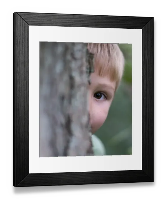 Framed Print : Young boy peeping around tree in woodland Norfolk August Framed Print : Young boy peeping around tree in woodland Norfolk August