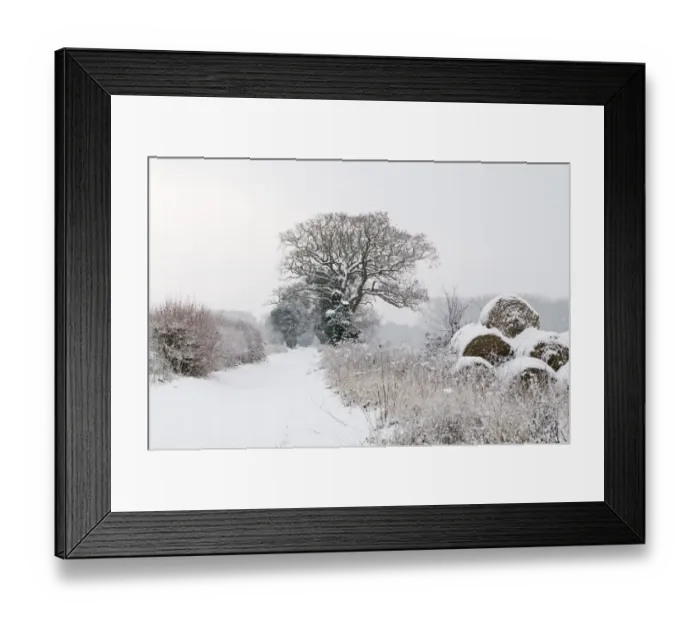 Framed Print : Snow covered lane and hay bales Postwick Norfolk December