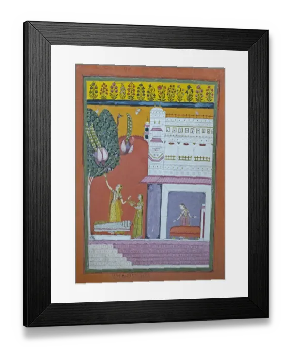 Framed Print : An opaque watercolour painted in Amber Rajasthan India around 1680 shows a lady feeding Framed Print : An opaque watercolour painted in Amber Rajasthan India around 1680 shows a lady feeding