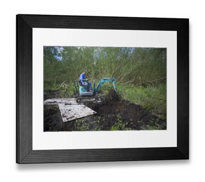 Framed Print : Excavating a wildlife pond in Ferry Wood Norfolk Broads spring Framed Print : Excavating a wildlife pond in Ferry Wood Norfolk Broads spring