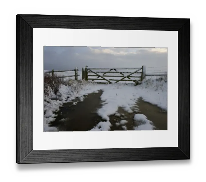 Framed Print : Fivre bar gate covered in snow Salthouse Norfolk December Framed Print : Fivre bar gate covered in snow Salthouse Norfolk December