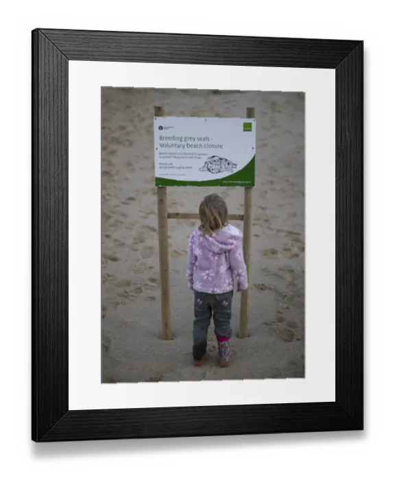 Framed Print : Young girl looking at seal information board at Winterton Dunes Norfolk December