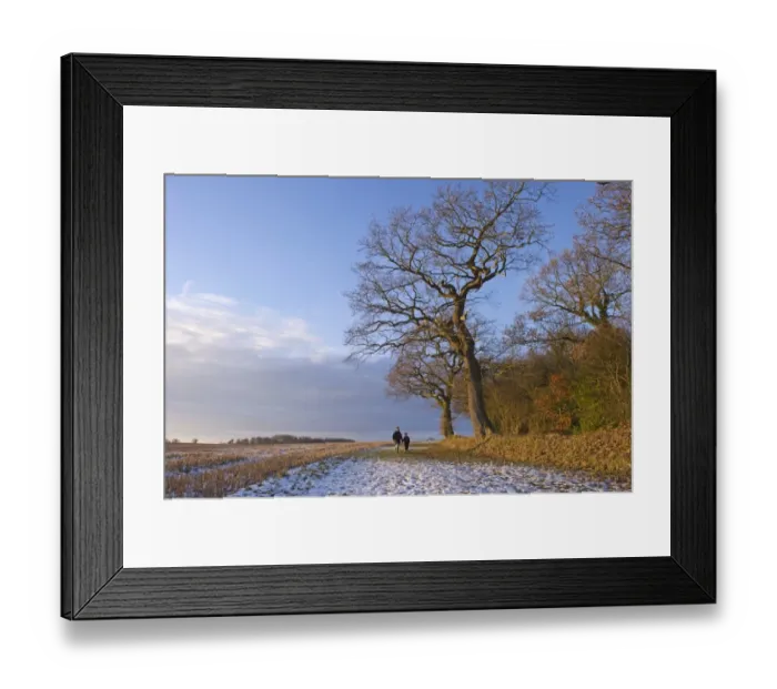 Framed Print : Mother and son walking in snow Norfolk December Framed Print : Mother and son walking in snow Norfolk December