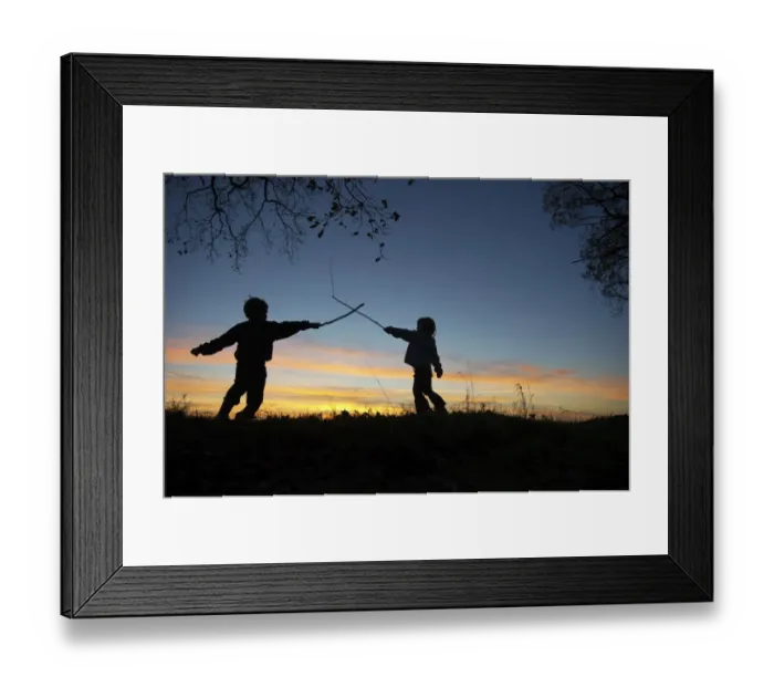 Framed Print : Young children playing having a stick fight on edge of woodland at sunset Norfolk Framed Print : Young children playing having a stick fight on edge of woodland at sunset Norfolk