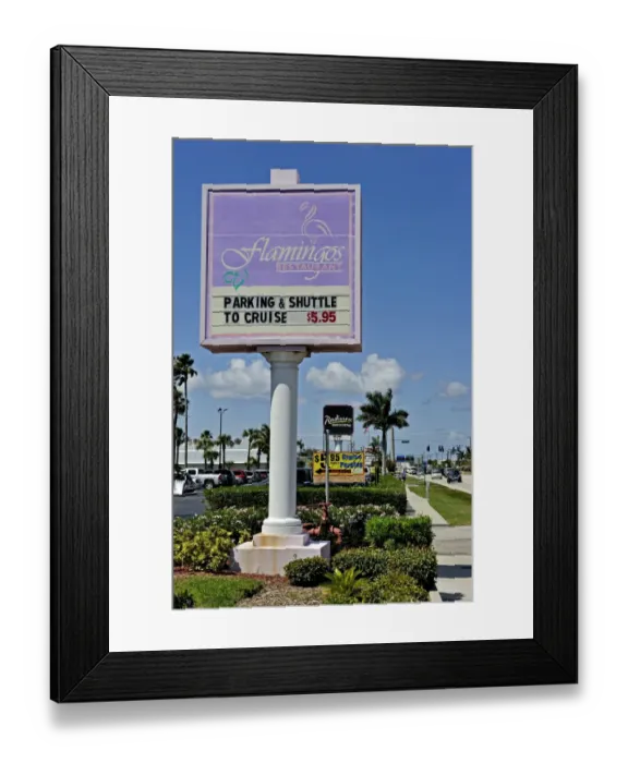 Framed Print : Sign to Flamingos Restaurant and hotel at Cape Canaveral Florida Framed Print : Sign to Flamingos Restaurant and hotel at Cape Canaveral Florida