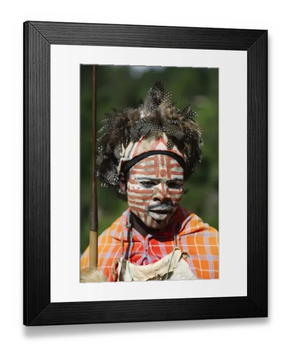Framed Print : Kikuyu warrior wearing headress made of Helmeted Guineafowl feathers Tomson Falls Kenya Framed Print : Kikuyu warrior wearing headress made of Helmeted Guineafowl feathers Tomson Falls Kenya