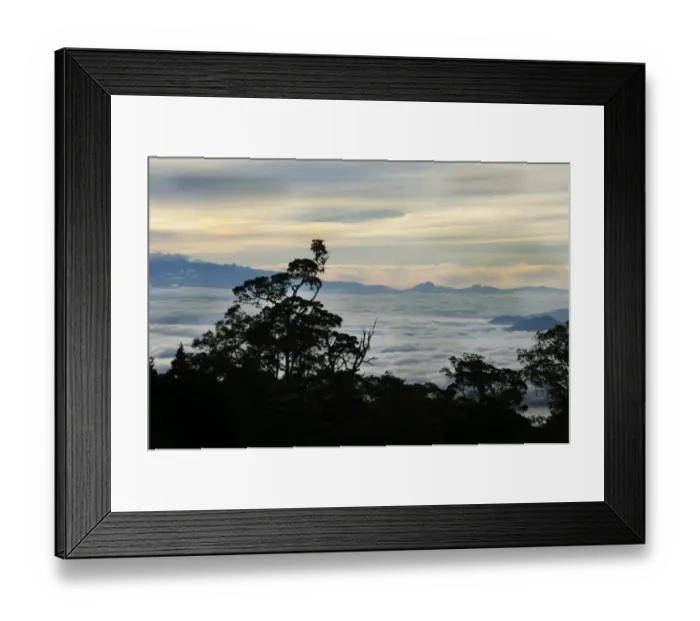 Framed Print : View from Magic Mountain Lodge across cloud covered valley towards Mt Hagen in Western Framed Print : View from Magic Mountain Lodge across cloud covered valley towards Mt Hagen in Western
