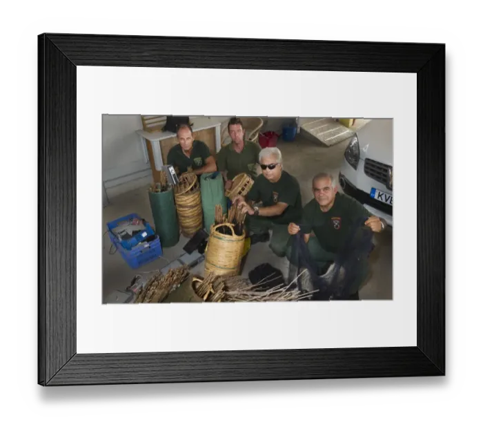 Framed Print : Game Fund anti trapping team with seized trapping equipment including limesticks Framed Print : Game Fund anti trapping team with seized trapping equipment including limesticks