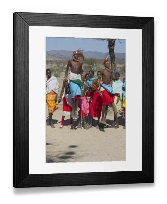 Framed Print : Masai warrior jump dance being performed for tourists Samburu Kenya Framed Print : Masai warrior jump dance being performed for tourists Samburu Kenya