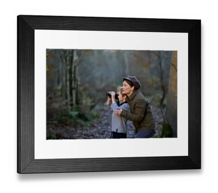 Framed Print : Mother showing son birds in woodland in autumn Norfolk Framed Print : Mother showing son birds in woodland in autumn Norfolk