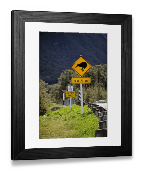Framed Print : Kiwi caution sign on road to Arthurs Pass in Southern Alps South Island New Zealand Framed Print : Kiwi caution sign on road to Arthurs Pass in Southern Alps South Island New Zealand