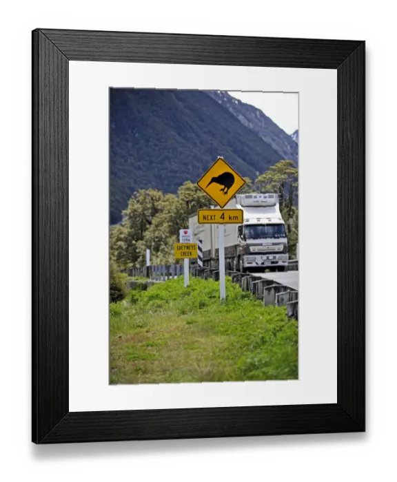 Framed Print : Kiwi caution sign on road to Arthurs Pass in Southern Alps South Island New Zealand