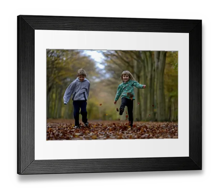 Framed Print : Young boy and girl kicking leaves in woodland Norfolk autumn Framed Print : Young boy and girl kicking leaves in woodland Norfolk autumn