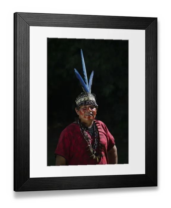 Framed Print : Shamans assistant from Bora Tribe wearing Macaw feather head dress Northern Amazon Framed Print : Shamans assistant from Bora Tribe wearing Macaw feather head dress Northern Amazon