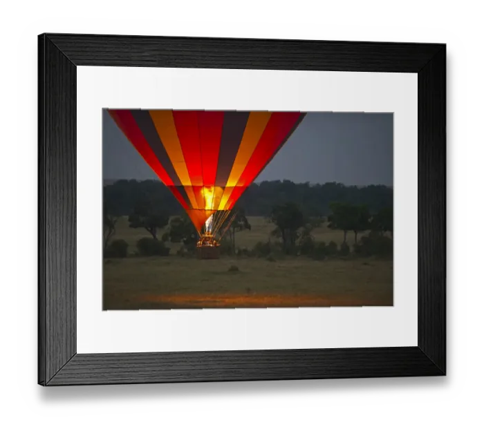 Framed Print : Hot air balloon carrying tourists over Masai Mara Kenya at dawn Framed Print : Hot air balloon carrying tourists over Masai Mara Kenya at dawn
