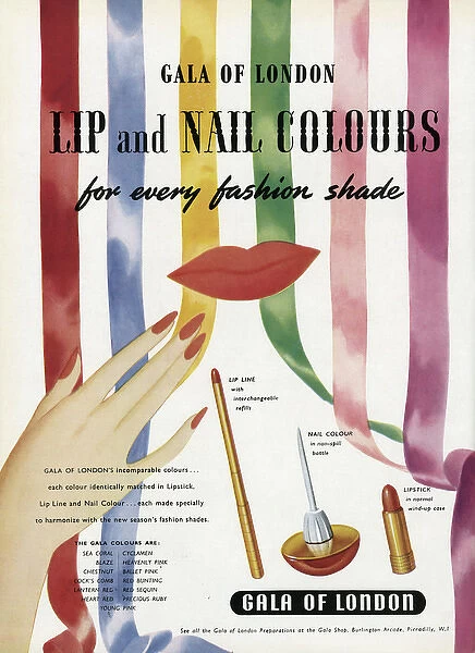 Advert for Galaof London lip and nail colours 1950