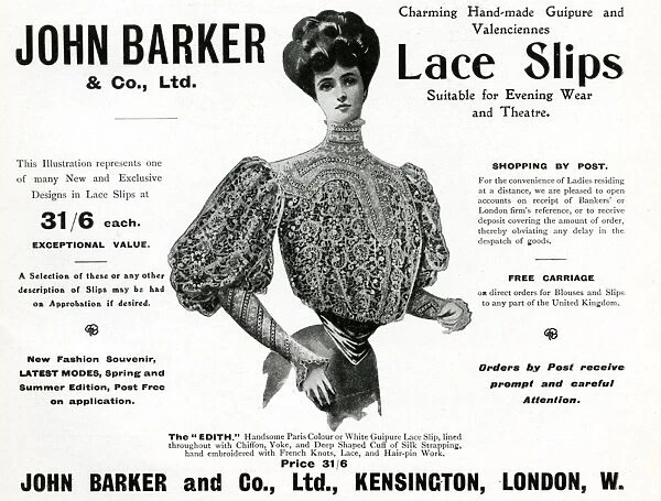 Advert for John Barker & Co, lace slips 1906
