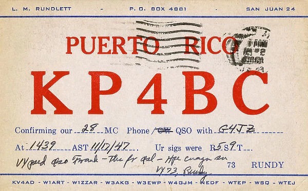 Callsign postcard for Puerto Rico, North Atlantic Ocean