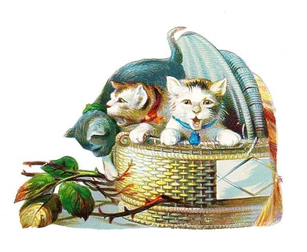 Three cats in a basket on a Victorian scrap
