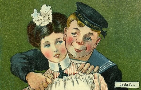 Jacks Pet. Edwardian humour. The sailor with the housemaid. Date: circa 1905