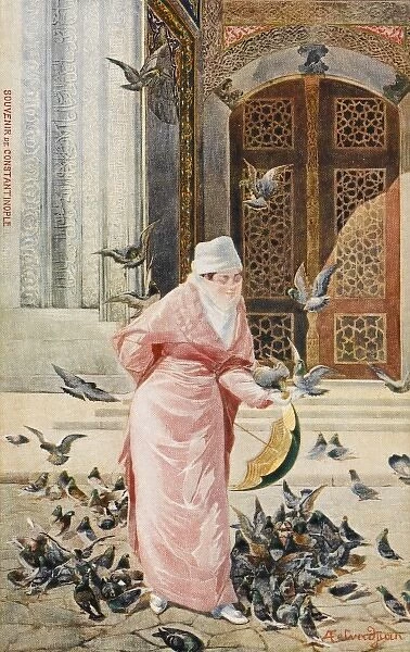 Lady feeding the pigeons - Constantinople, Turkey