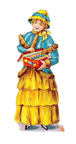 Woman with box of crackers on a Victorian Christmas scrap