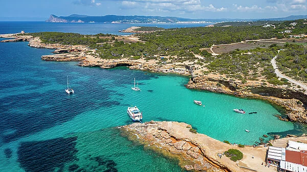 Aerial of Comte beach with its turquoise waters, Ibiza, Balearic Islands, Spain, Mediterranean, Europe