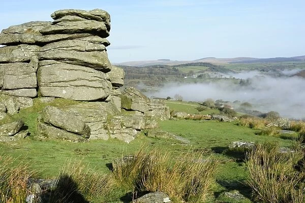 Combs Tor and morning fog, in the area where the film War Horse was filmed, Dartmoor National Park, England, United Kingdom, Europe