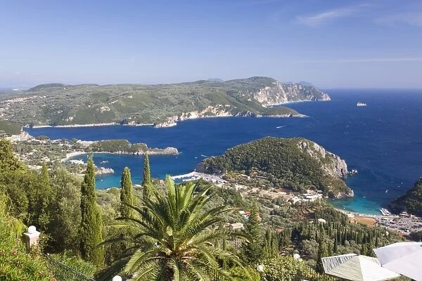 View over Liapades Bay from hilltop viewpoint near Lakones, Paleokastritsa, Corfu, Ionian Islands, Greek Islands, Greece, Europe