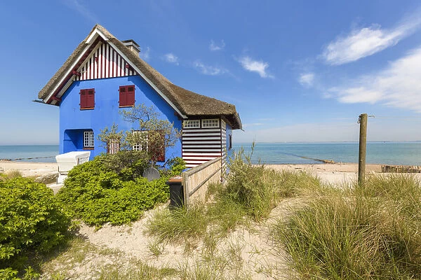 Blue beach house, Graswarder, Heiligenhafen, Schleswig-Holstein, Germany, Europe