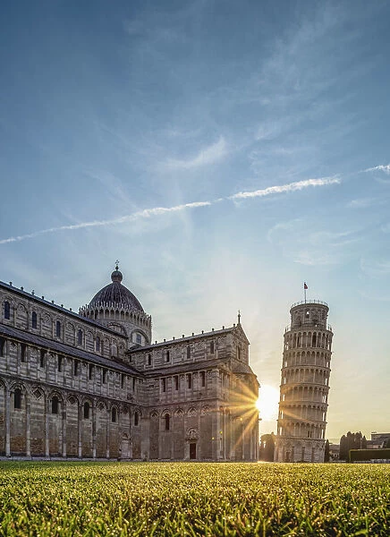 Cathedral and Leaning Tower at sunrise, Piazza dei Miracoli, Pisa, Tuscany, Italy