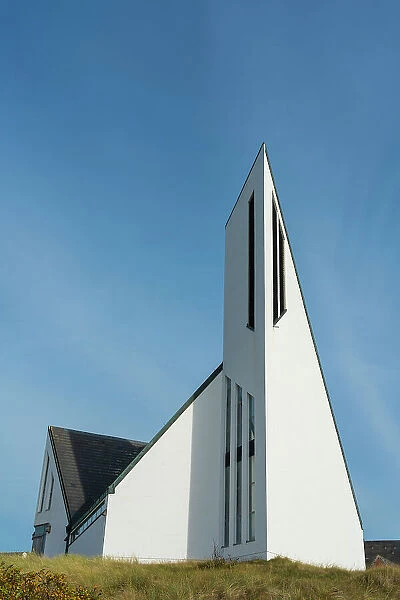 Modern St. Thomas Church against sky on sunny day, Hornum, Sylt, Nordfriesland, Schleswig-Holstein, Germany