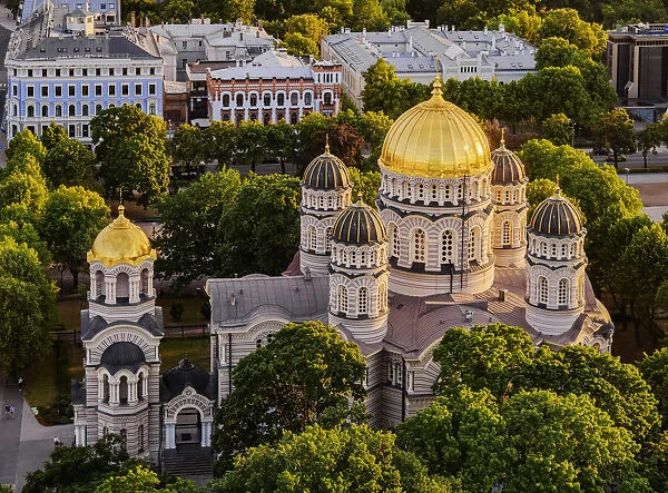 Nativity of Christ Orthodox Cathedral at sunset, elevated view, Riga, Latvia