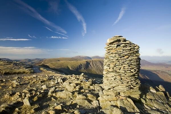 A cairn on the summit of Dale Head in the Lake District above the Newlands Valley UK